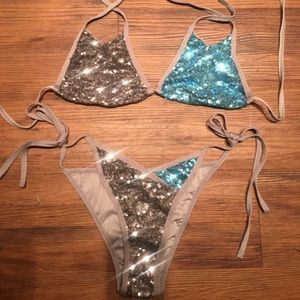 Glitter Triangle Bikini Light Blue and Grey